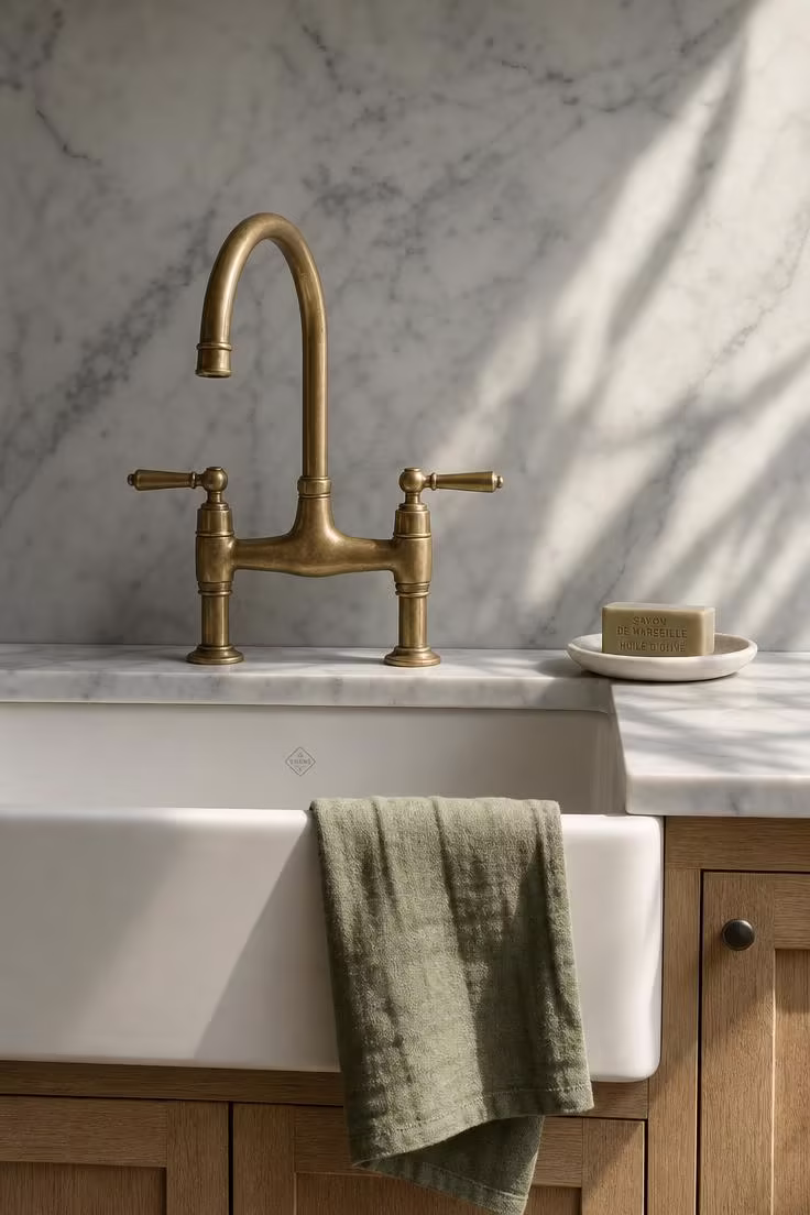 15 Bright Summer Kitchen Ideas to Refresh Your Space 4 Unlacquered brass bridge faucet over a fireclay sink with a full-height honed Carrara marble backsplash slab.