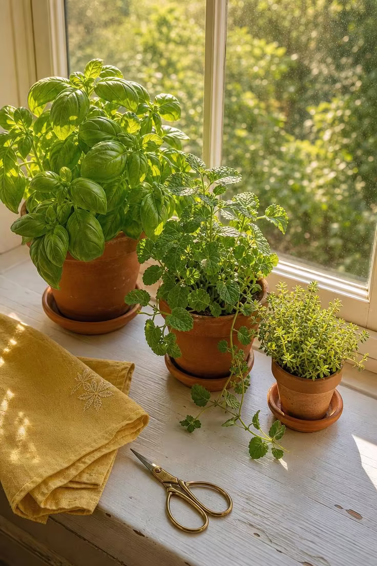 15 Bright Summer Kitchen Ideas to Refresh Your Space 5 Three terracotta herb pots holding basil, mint, and lemon thyme on a white painted windowsill backlit by warm afternoon light.