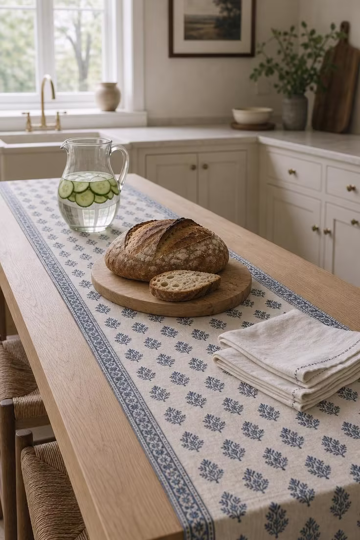 15 Bright Summer Kitchen Ideas to Refresh Your Space 6 A block-printed cotton runner in indigo and bone laid across a pale oak island with sourdough bread and a glass pitcher.