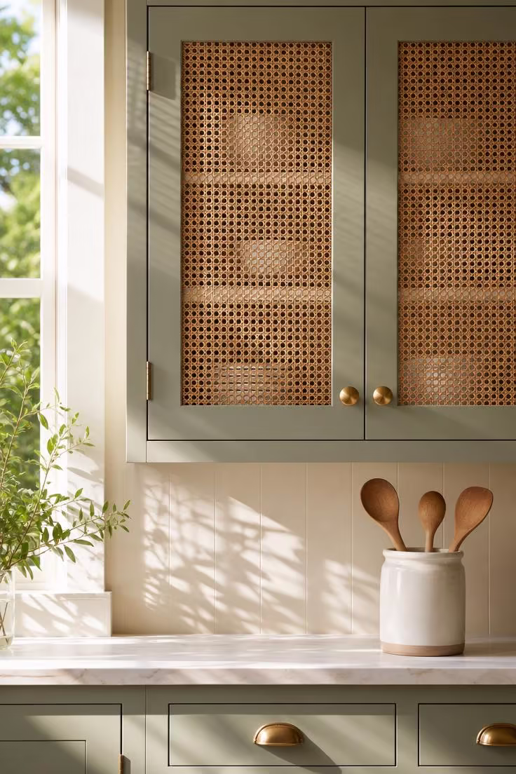 15 Bright Summer Kitchen Ideas to Refresh Your Space 8 Sage green upper cabinets fitted with natural cane front panels, lit by bright midday light revealing white plates inside.