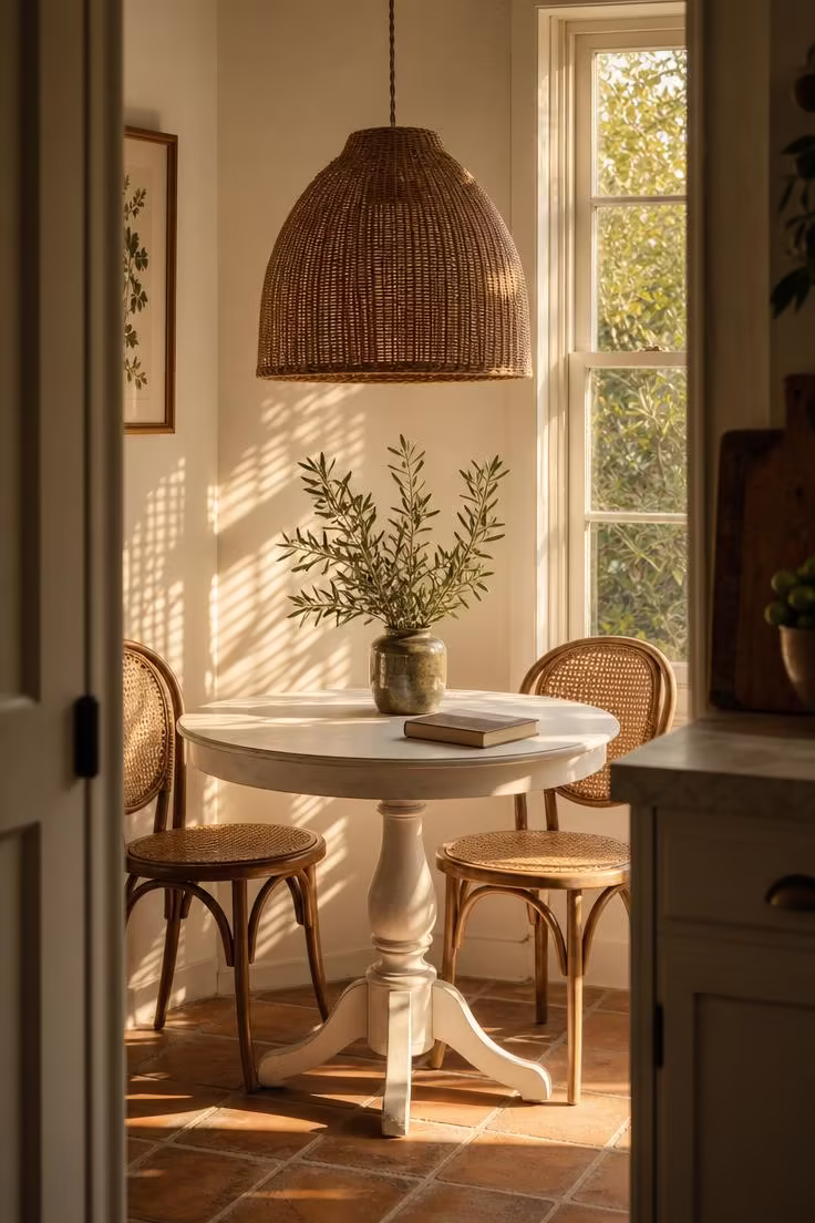 15 Bright Summer Kitchen Ideas to Refresh Your Space 9 A large rattan belly-basket pendant lamp hangs over a round white bistro table with cane chairs in golden afternoon light.