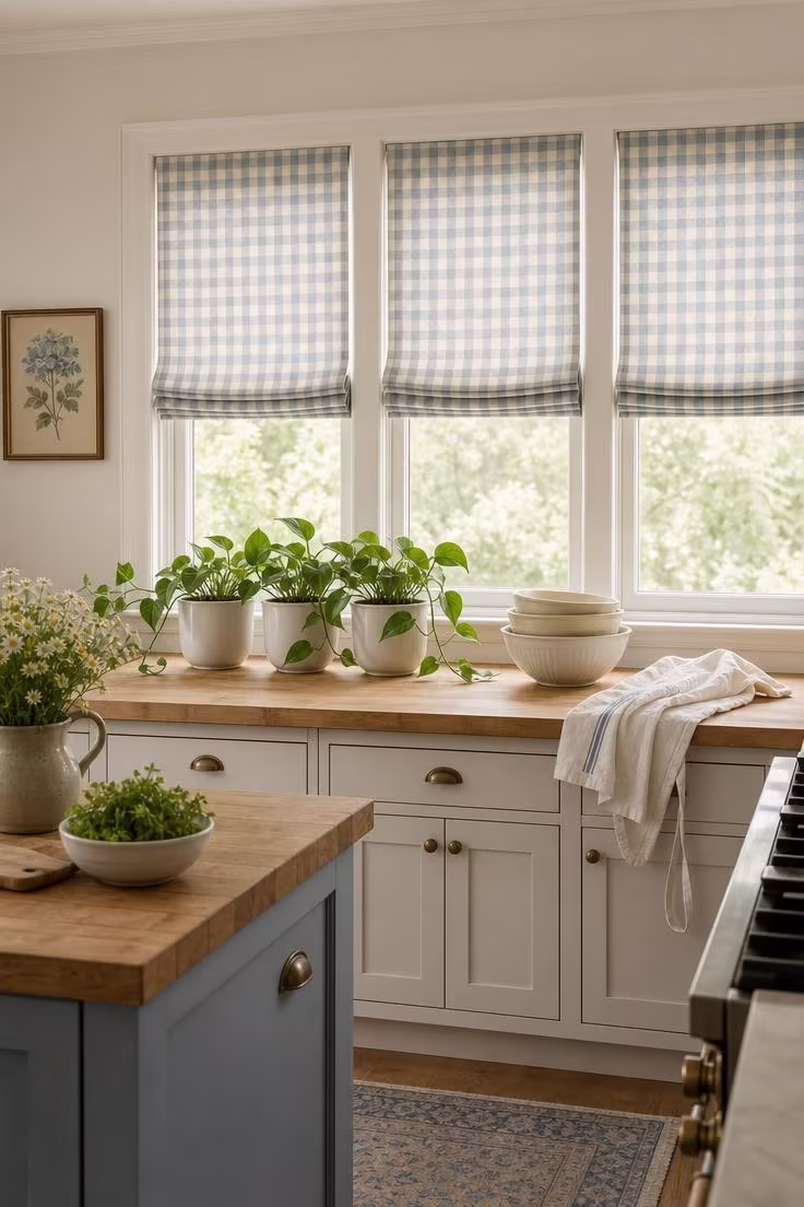 15 Bright Summer Kitchen Ideas to Refresh Your Space 10 Three windows with faded hydrangea blue and bone gingham ticking Roman shades, half lowered above a butcher-block counter.