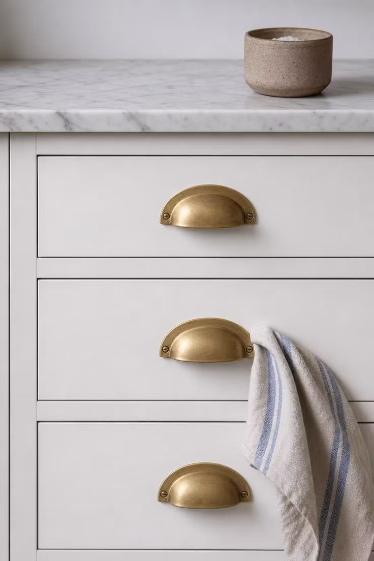 15 Bright Summer Kitchen Ideas to Refresh Your Space 11 Unlacquered brass cup pulls on white shaker drawers in cool overcast light, with a chambray dish towel and clay salt cellar.