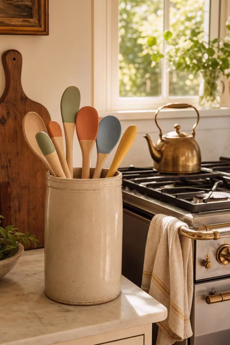 15 Bright Summer Kitchen Ideas to Refresh Your Space 12 A cream stoneware crock holds hand-painted wooden spoons in summer tones beside a gas range with a brass kettle.