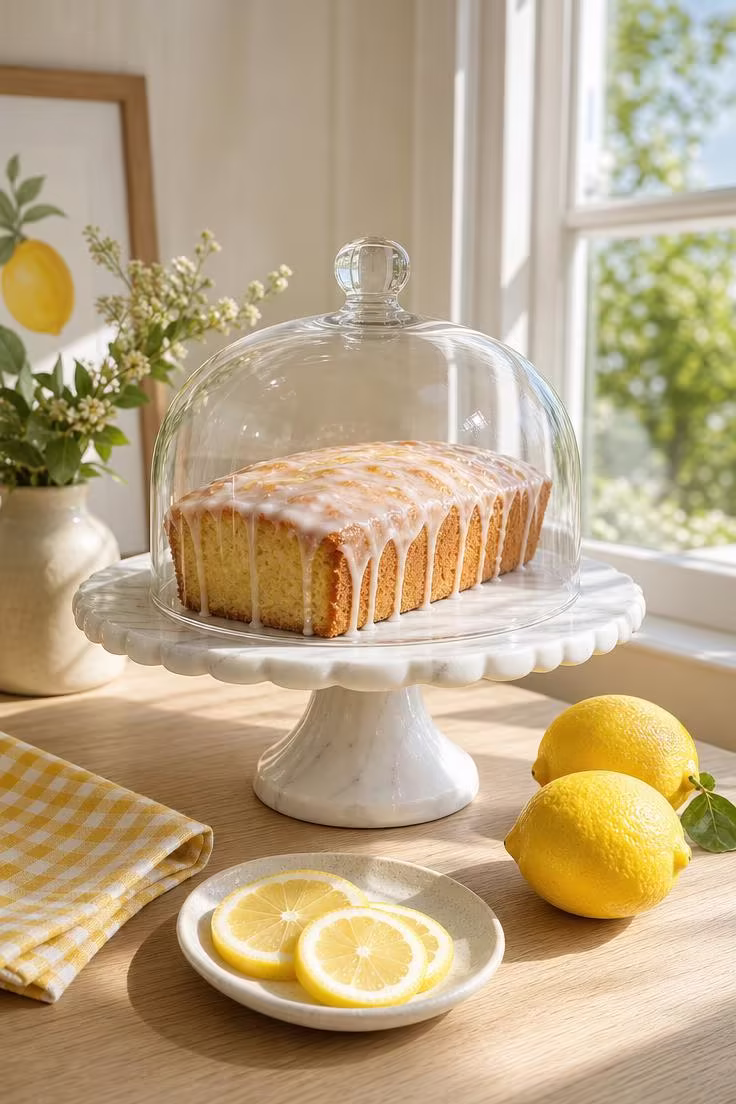 15 Bright Summer Kitchen Ideas to Refresh Your Space 13 A glass cake dome over a glazed lemon loaf on a scalloped marble cake stand with lemons and a yellow gingham napkin.