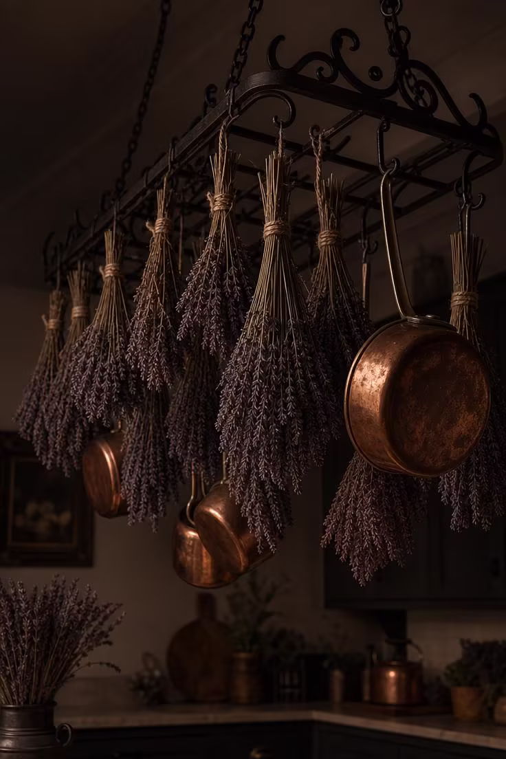 15 Bright Summer Kitchen Ideas to Refresh Your Space 14 Bunches of drying lavender hang from a forged iron pot rack alongside copper saucepans under warm low evening light.