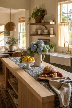A sunlit summer kitchen with pale oak island, marble pedestal of Meyer lemons, hydrangea pitcher, walnut shelves, and sage cabinets with brass pulls in golden afternoon light.