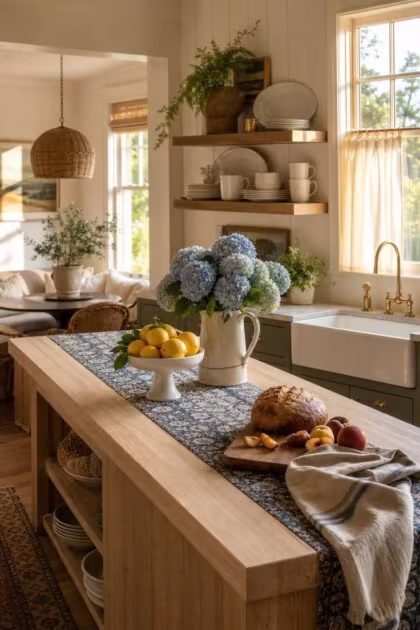 15 Bright Summer Kitchen Ideas to Refresh Your Space A sunlit summer kitchen with pale oak island, marble pedestal of Meyer lemons, hydrangea pitcher, walnut shelves, and sage cabinets with brass pulls in golden afternoon light.