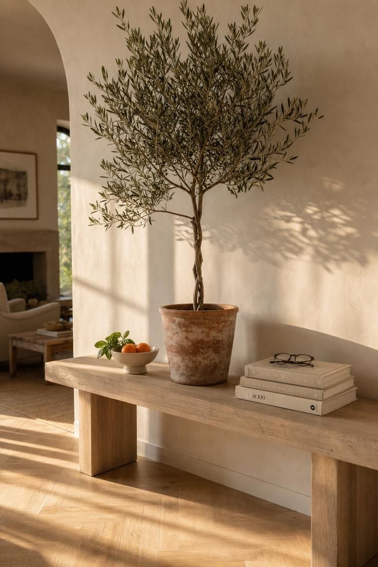 13 Breezy Summer Living Room Decor Ideas for a Calm Home 1 A bleached oak console table with a tall olive tree in a terracotta pot, styled with apricots and books in soft summer light.