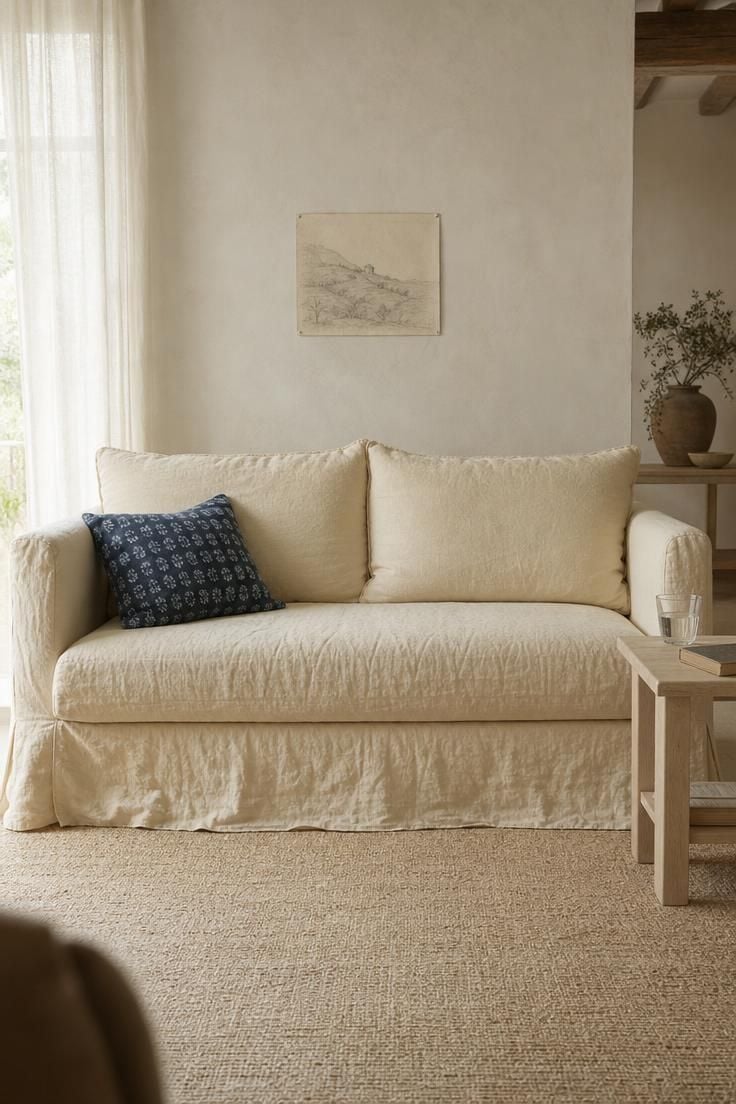13 Breezy Summer Living Room Decor Ideas for a Calm Home 2 A boxy sofa wearing buttermilk washed linen slipcovers, styled with an indigo block-print pillow in soft morning light.