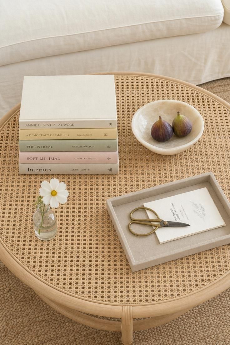13 Breezy Summer Living Room Decor Ideas for a Calm Home 3 A caned coffee table styled with a color-sorted stack of pale books, an alabaster bowl of figs, and a single cosmos stem.