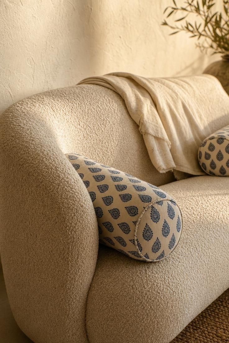 13 Breezy Summer Living Room Decor Ideas for a Calm Home 4 A cream boucle settee styled with hand-block-printed indigo long pillows in warm late afternoon light.