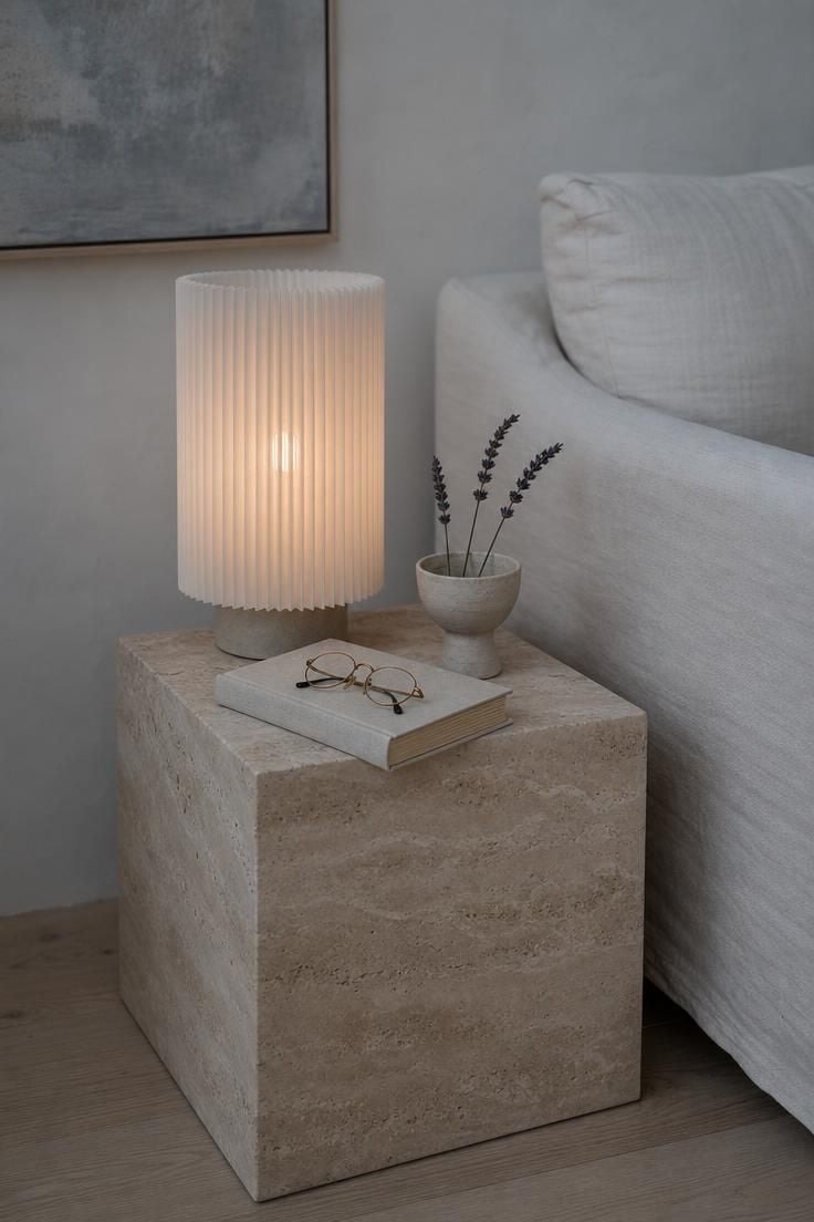 13 Breezy Summer Living Room Decor Ideas for a Calm Home 5 A pleated paper drum lamp glowing on a travertine cube side table, with a paperback and dried lavender, in cool overcast light.