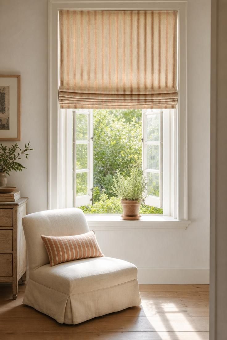 13 Breezy Summer Living Room Decor Ideas for a Calm Home 6 A faded apricot ticking stripe Roman shade half-raised over an open summer window, with a slipper chair and sage plant nearby.