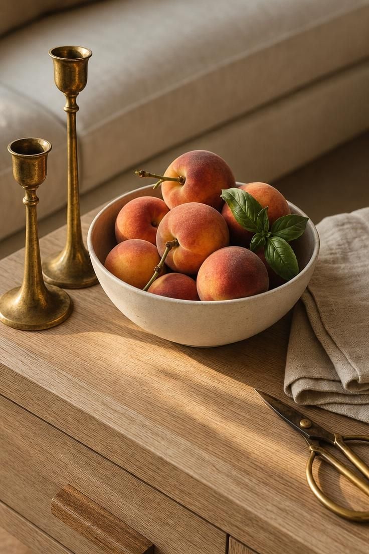 13 Breezy Summer Living Room Decor Ideas for a Calm Home 7 A hand-thrown chalk-cream ceramic bowl of summer peaches beside two unlacquered brass taper holders in warm afternoon light.