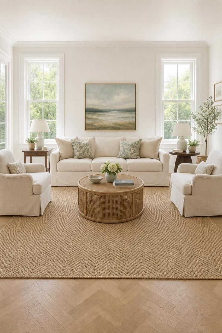 13 Breezy Summer Living Room Decor Ideas for a Calm Home 8 A natural jute flatweave summer rug anchoring a full living room of cream and buttermilk seating in bright midday light.