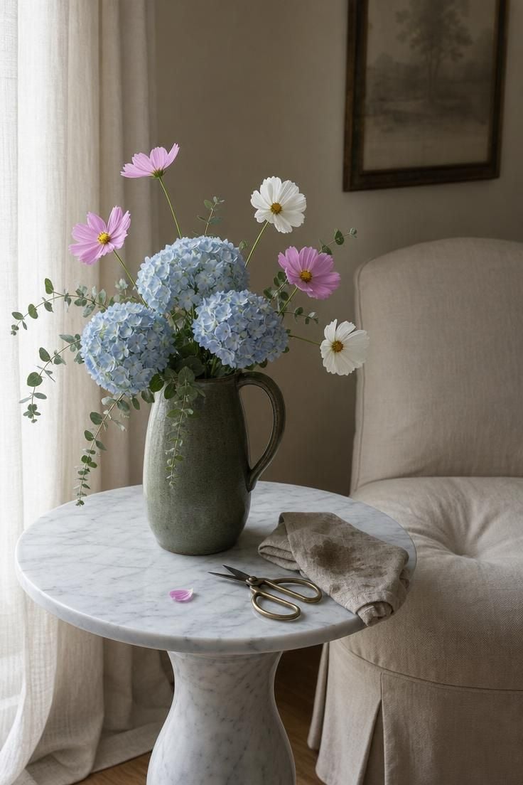 13 Breezy Summer Living Room Decor Ideas for a Calm Home 9 A muted moss-green stoneware pitcher of cut hydrangea and cosmos on a round marble pedestal, in soft morning light.
