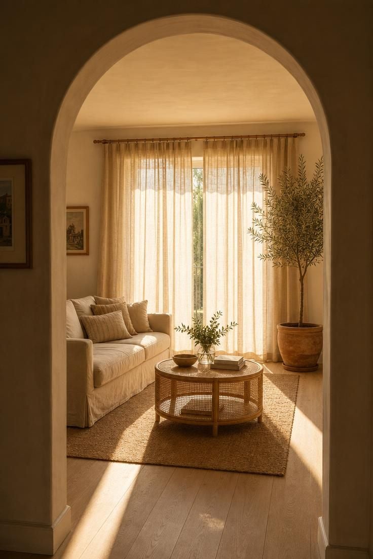 13 Breezy Summer Living Room Decor Ideas for a Calm Home 11 Sun-bleached sand cotton gauze curtains pooling at the baseboards, seen through an open archway into a warm living room.