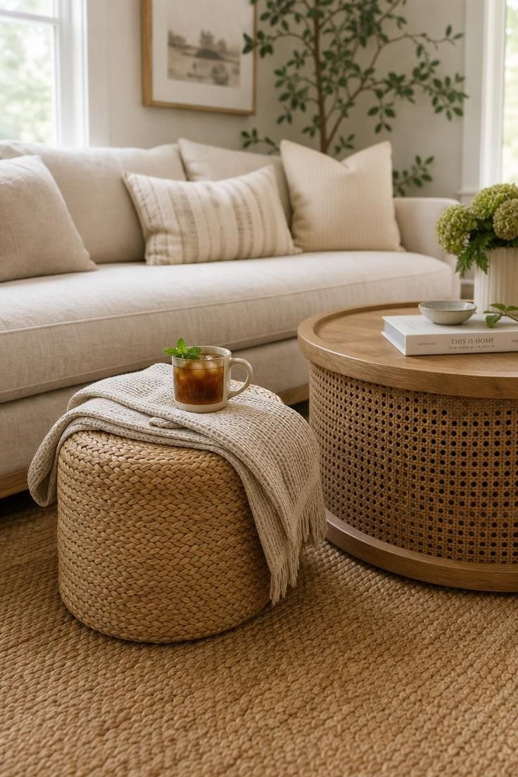 13 Breezy Summer Living Room Decor Ideas for a Calm Home 12 A round woven seagrass pouf with a folded linen throw and iced tea mug, pulled up to a caned coffee table in soft diffused light.