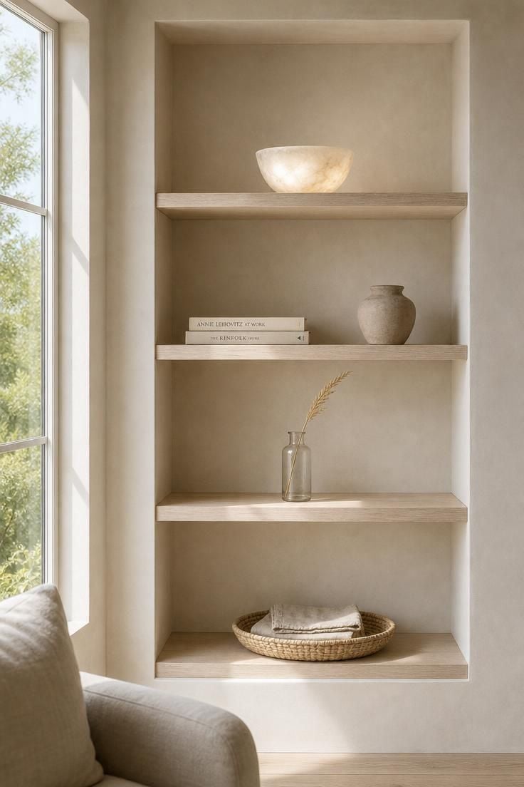 13 Breezy Summer Living Room Decor Ideas for a Calm Home 13 Bleached oak open shelves restyled with alabaster bowls, pale books, and a single dried wheat stem in bright midday light.