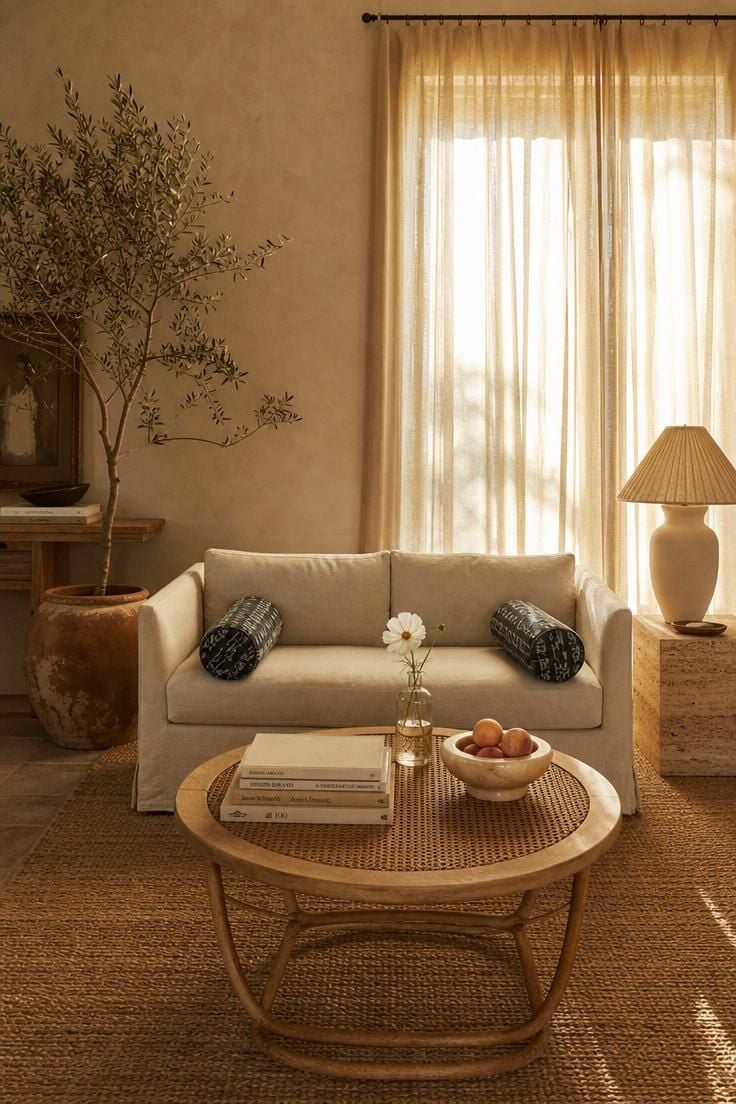 A breezy summer living room with a buttermilk linen slipcovered sofa, caned coffee table, olive tree, and gauze curtains in warm afternoon light.