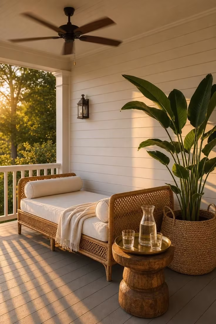 Low rattan daybed with rolled linen bolsters on a covered summer porch in golden afternoon light with a potted bird of paradise beside it