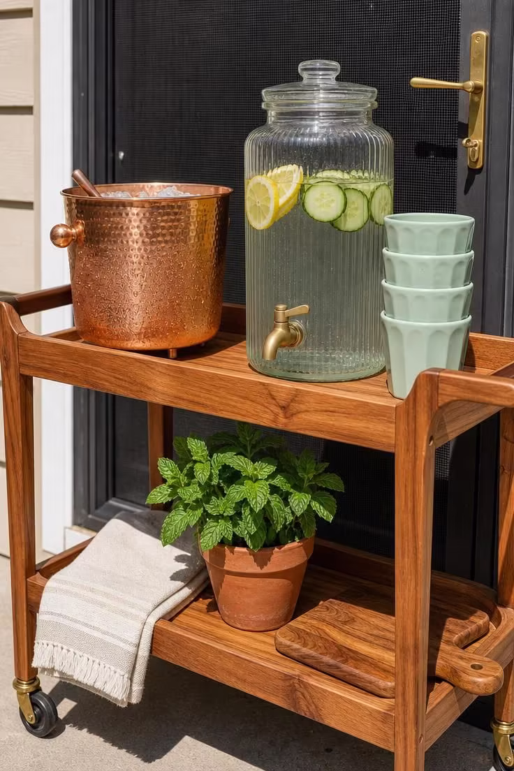 Copper ice bucket and glass beverage dispenser on a folding acacia wood bar cart beside a dark screen door in bright midday light