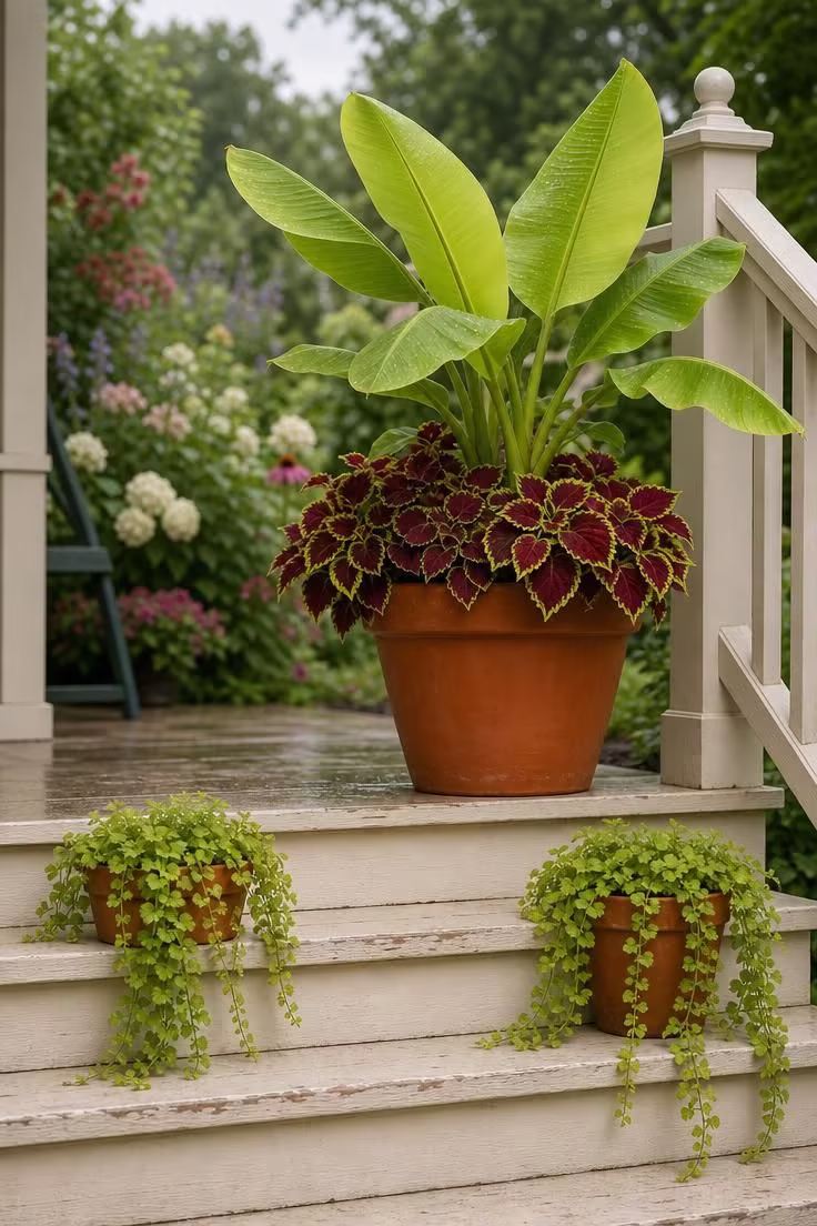 Large terracotta pot with ornamental banana and coleus at a porch stair landing flanked by smaller pots of trailing creeping jenny in soft overcast light