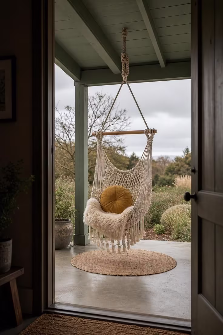 Macrame hammock chair hanging from a sage green painted porch beam with a sheepskin throw and mustard pillow viewed from inside the doorway on an overcast day