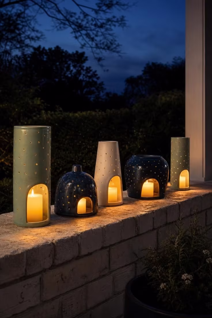 Row of five mismatched ceramic lanterns in celadon indigo and bone white glowing on a whitewashed brick porch half-wall at dusk