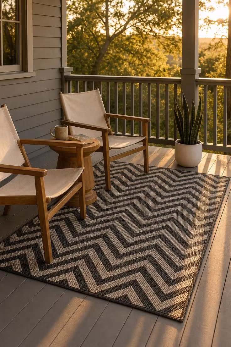 Charcoal chevron polypropylene rug anchoring two canvas sling chairs on a warm gray porch floor in golden hour light with a teak side table between them