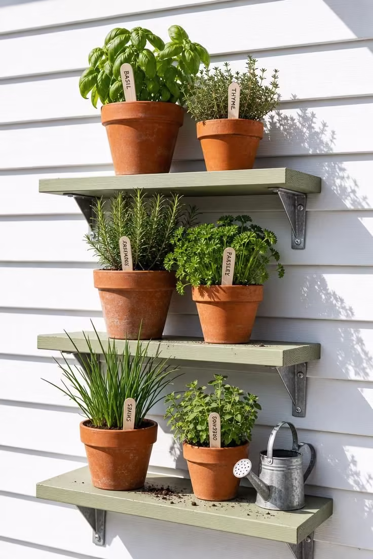 Three galvanized shelf brackets holding painted pine shelves with terra cotta herb pots mounted to white clapboard porch siding in bright midday sunlight