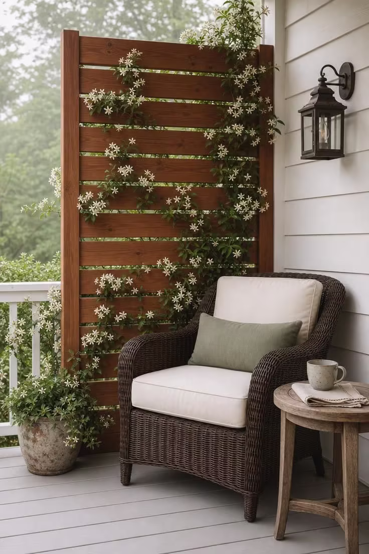 Slatted cedar privacy screen with climbing star jasmine framing a dark wicker corner chair with cream cushion on a hazy summer morning porch