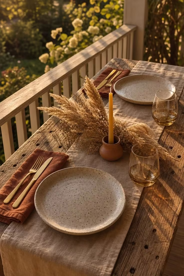 Narrow reclaimed pine table set for two with linen runner stoneware plates terracotta napkins and brass flatware in golden afternoon porch light
