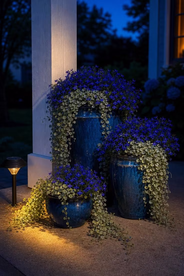 Three graduated ocean blue glazed stoneware pots overflowing with trailing lobelia and silver falls dichondra at the base of a white porch column in twilight