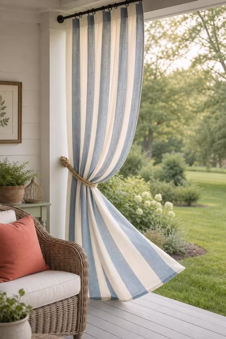 Cream and dusty blue striped outdoor curtain panel tied back with jute rope on a white porch corner post with soft diffused afternoon light and a wicker chair nearby