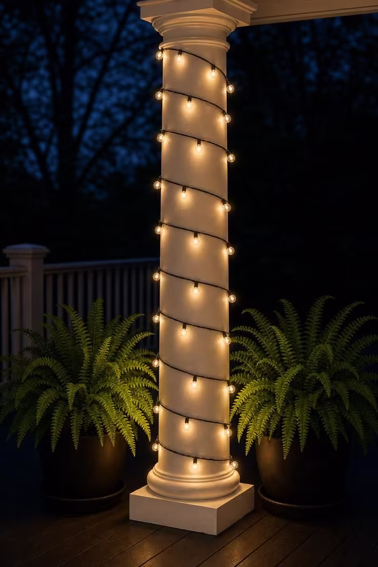 White porch column wrapped in a spiral of warm white solar string lights with two Boston ferns in black pots at the base glowing in the evening