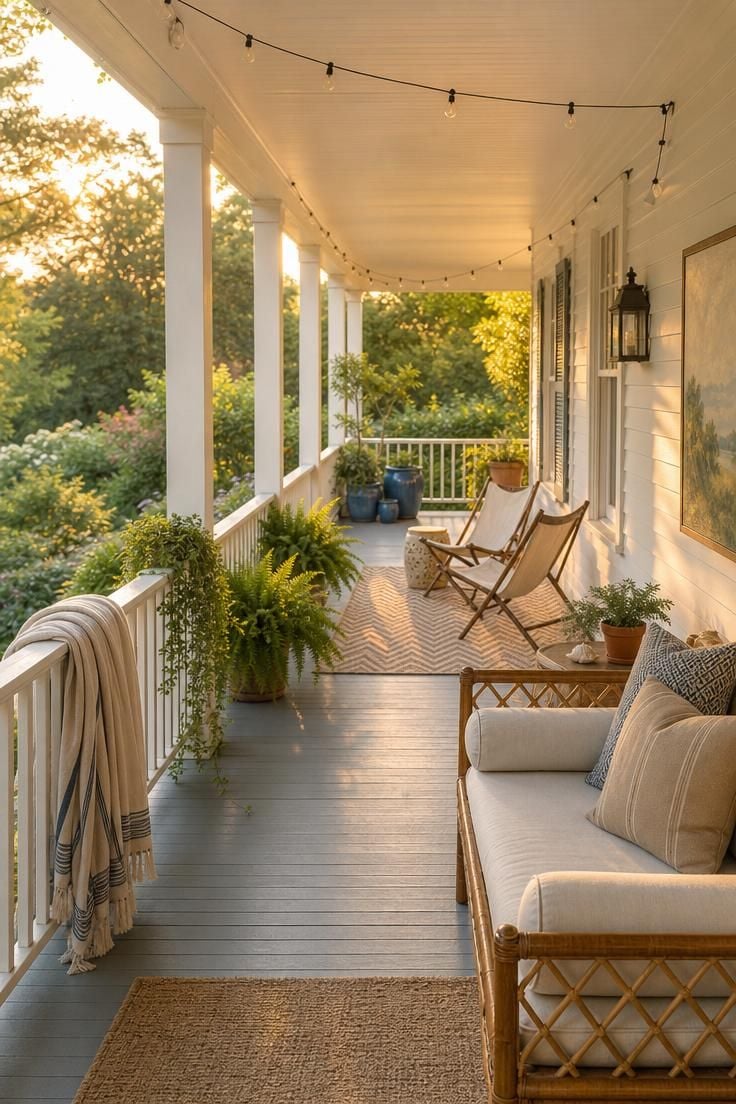 Wide view of a covered summer porch at golden hour with rattan daybed sling chairs woven rug potted plants and string lights creating a warm retreat atmosphere