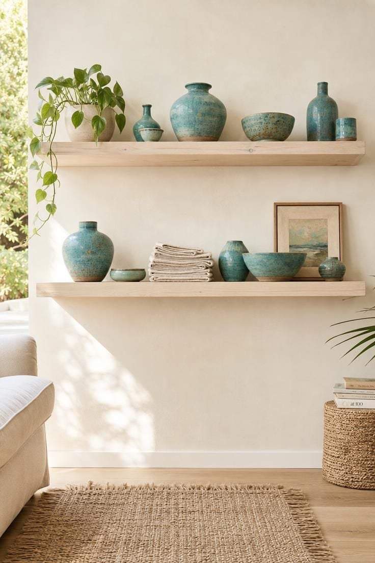 Bleached pine floating shelves displaying turquoise pottery and folded sun-faded linen against a white plaster wall in bright midday light