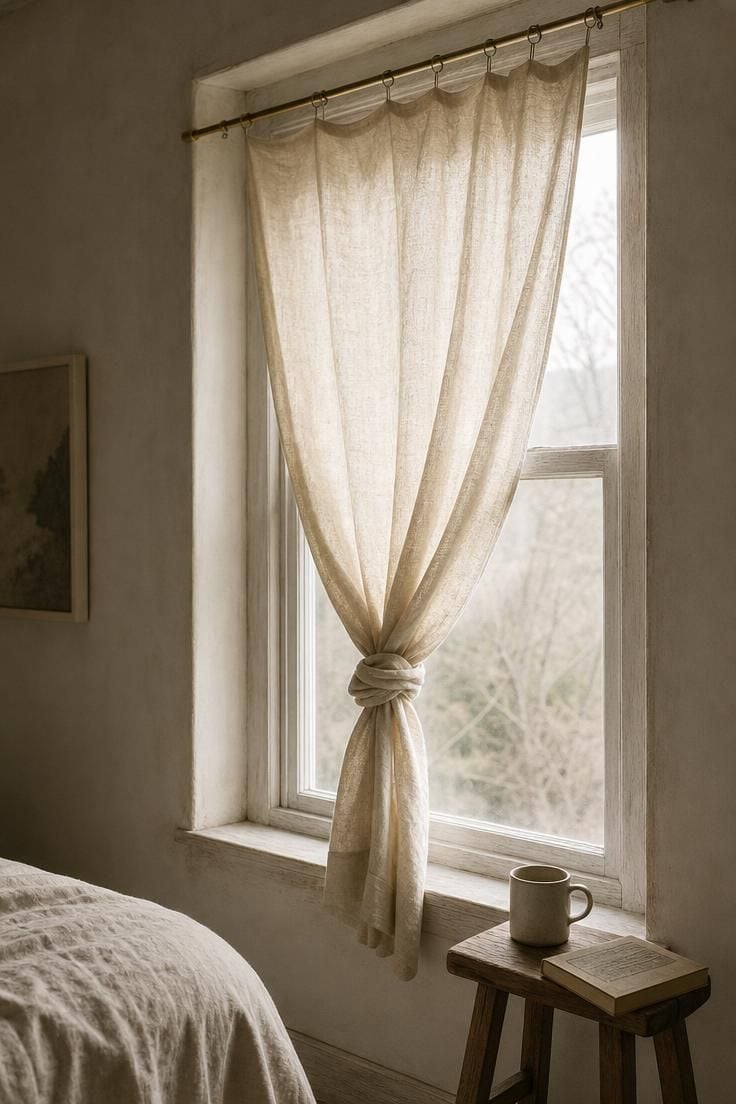 Canvas drop cloth curtain knotted at sill height on a whitewashed window frame in soft diffused morning light