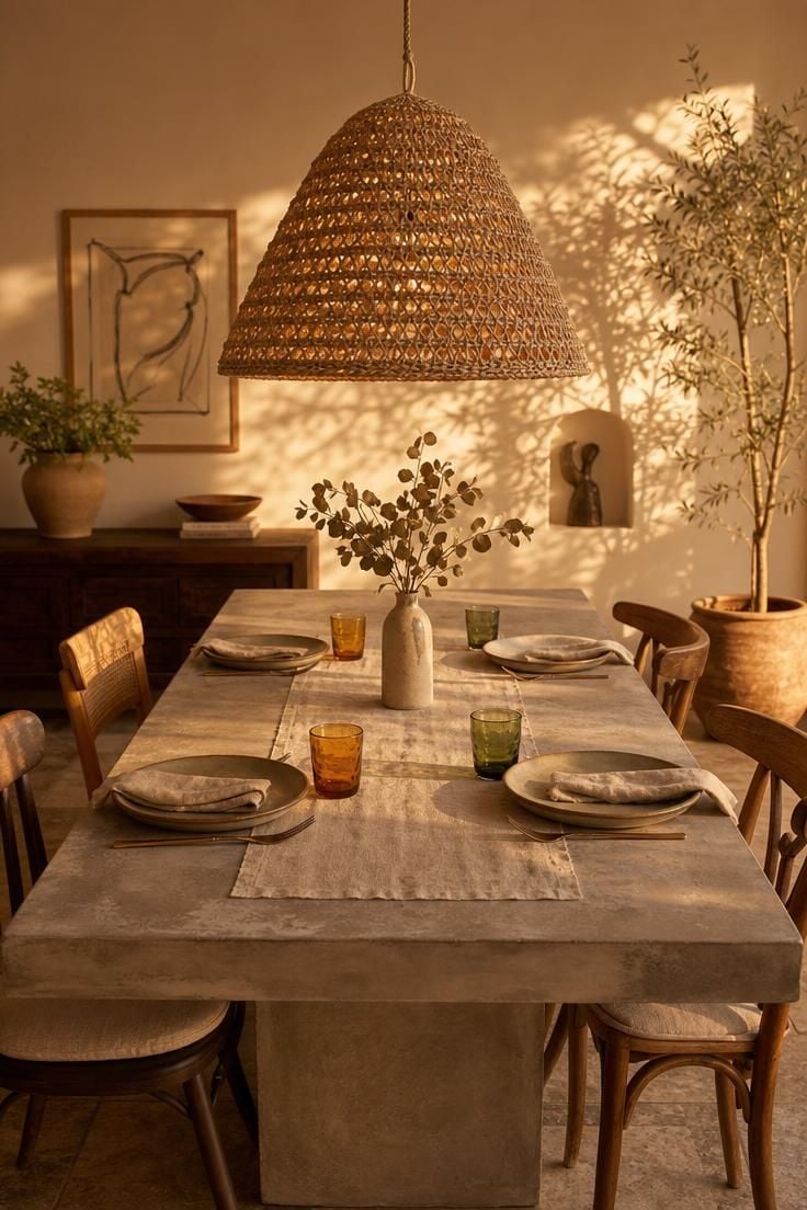 Woven palm fiber pendant lamp casting shadow patterns over a raw concrete dining table set with stoneware and colored glass in warm golden light