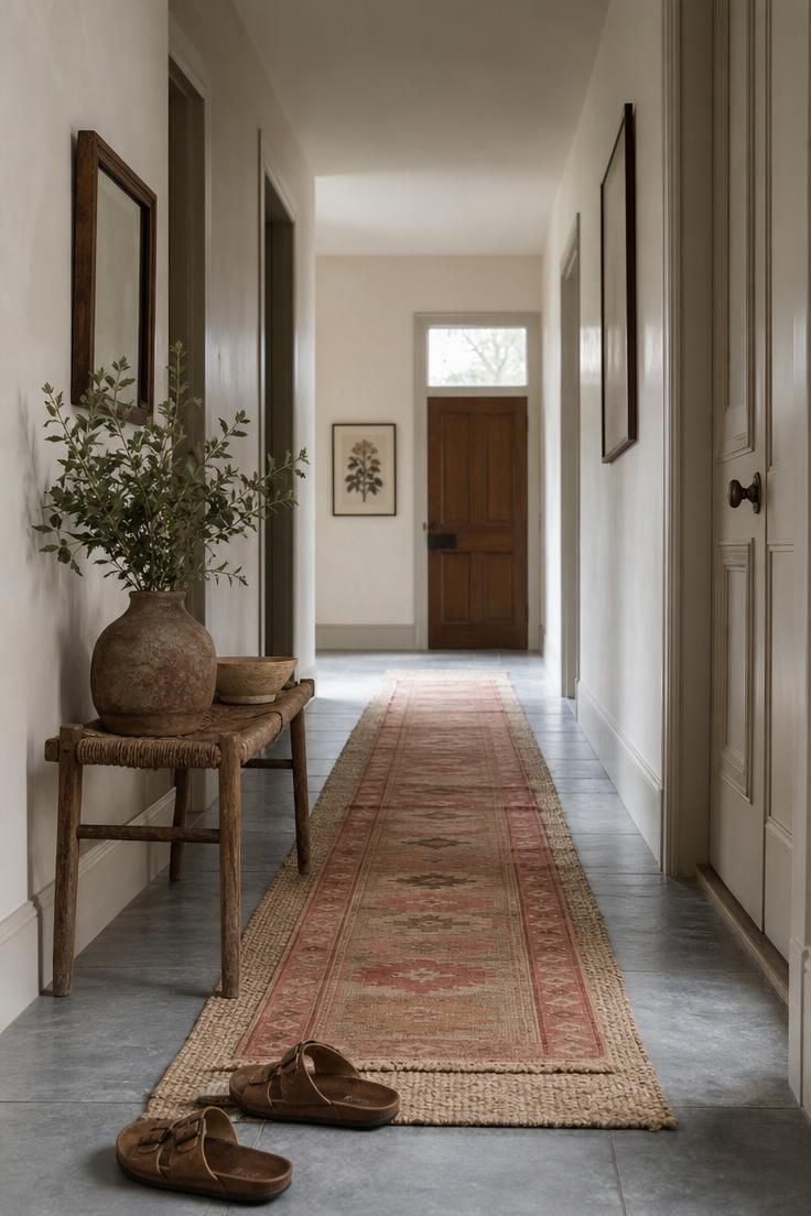Layered sisal and cotton kilim runners stretching down a cool tile hallway in overcast morning light with faded coral and sand tones