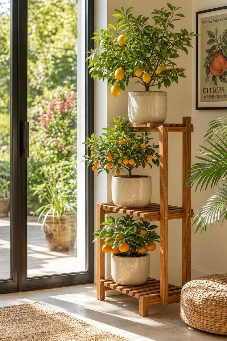 Slatted teak plant stand holding Meyer lemon, kumquat, and calamondin citrus trees in glazed cream pots beside a glass door in bright midday light