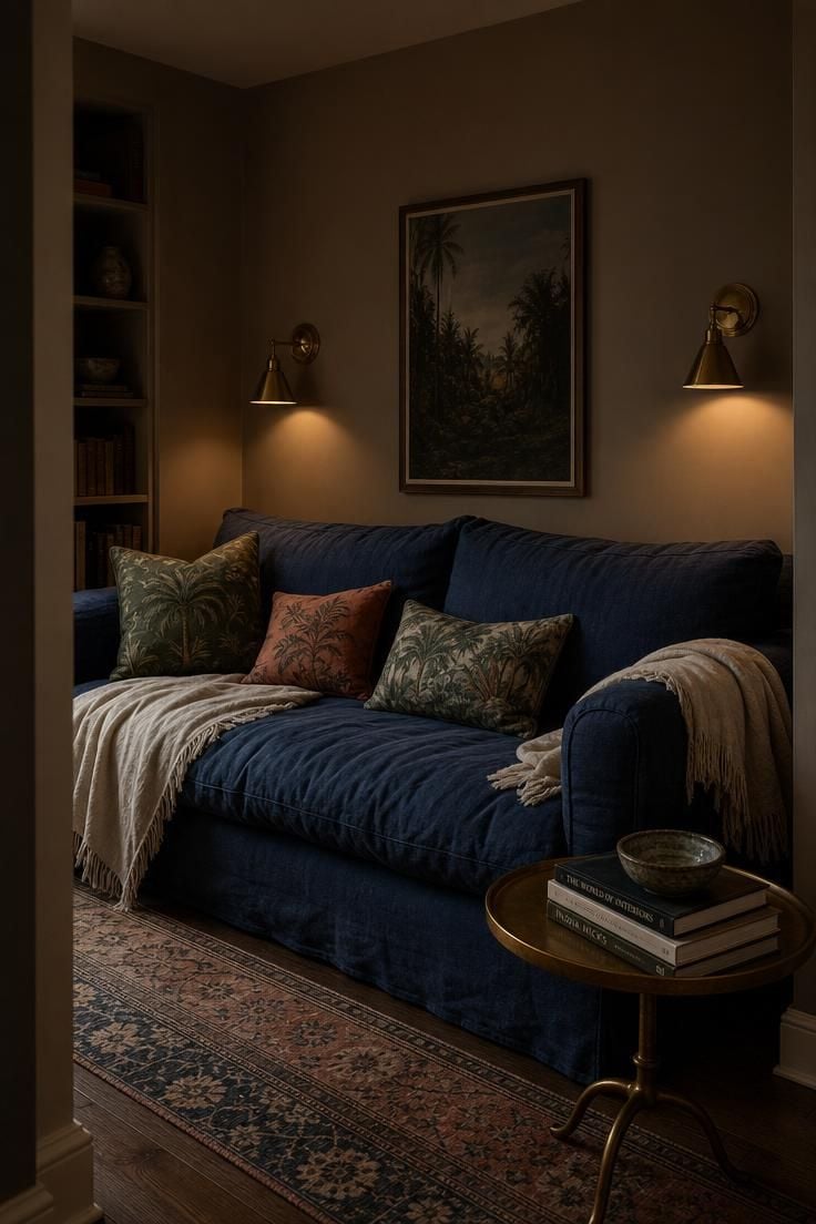 Navy linen sofa with fringed ivory throws and tropical accent pillows in a moody low-lit sitting alcove with brass sconces
