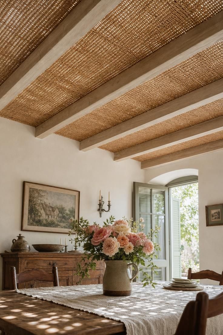 Rattan panel tray ceiling with exposed blonde rafters above a farmhouse dining table with fresh roses and dappled light