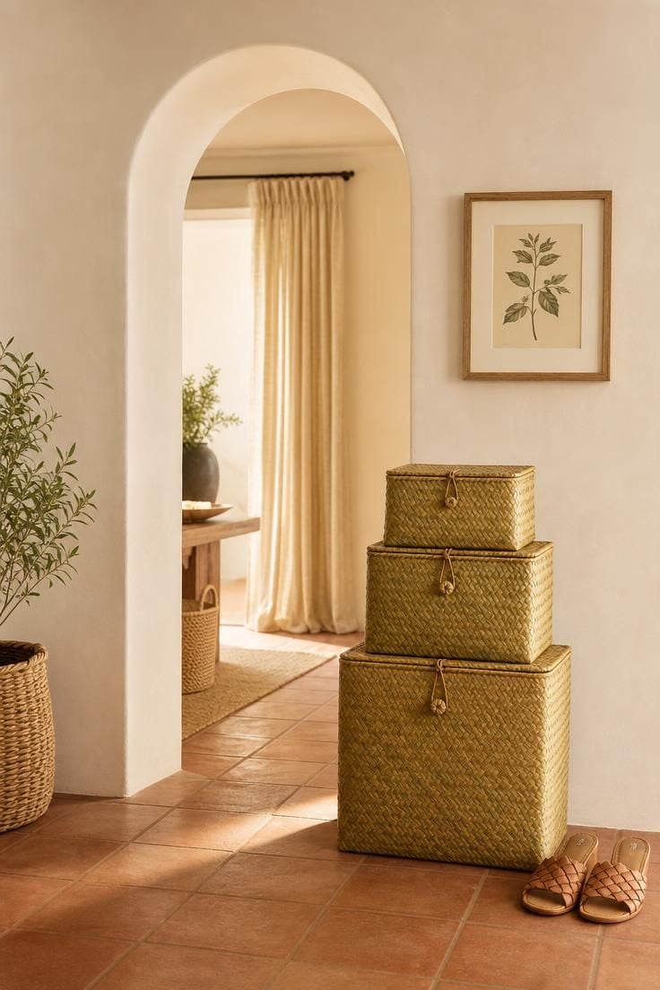 Three graduated woven banana leaf storage boxes stacked beneath an arched plaster doorway in warm golden afternoon light