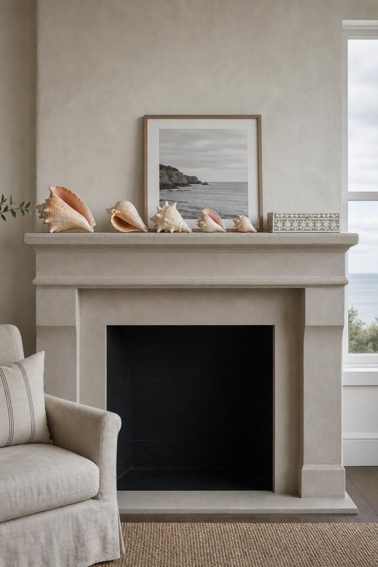 Plaster fireplace surround with a row of conch shells and a bone inlay box on the mantel in cool overcast light