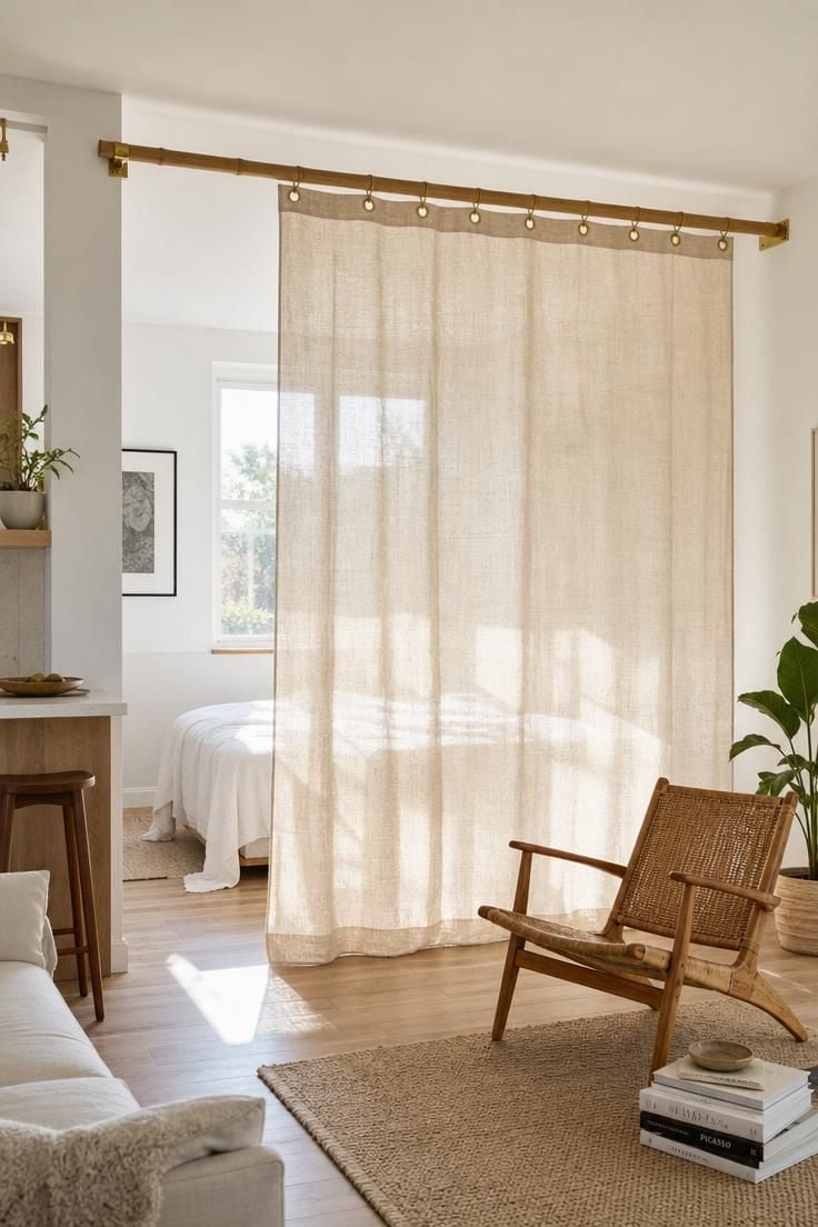 Floor-to-ceiling natural linen divider with brass grommets on a bamboo rail separating a sleeping area from a sitting area in bright midday light