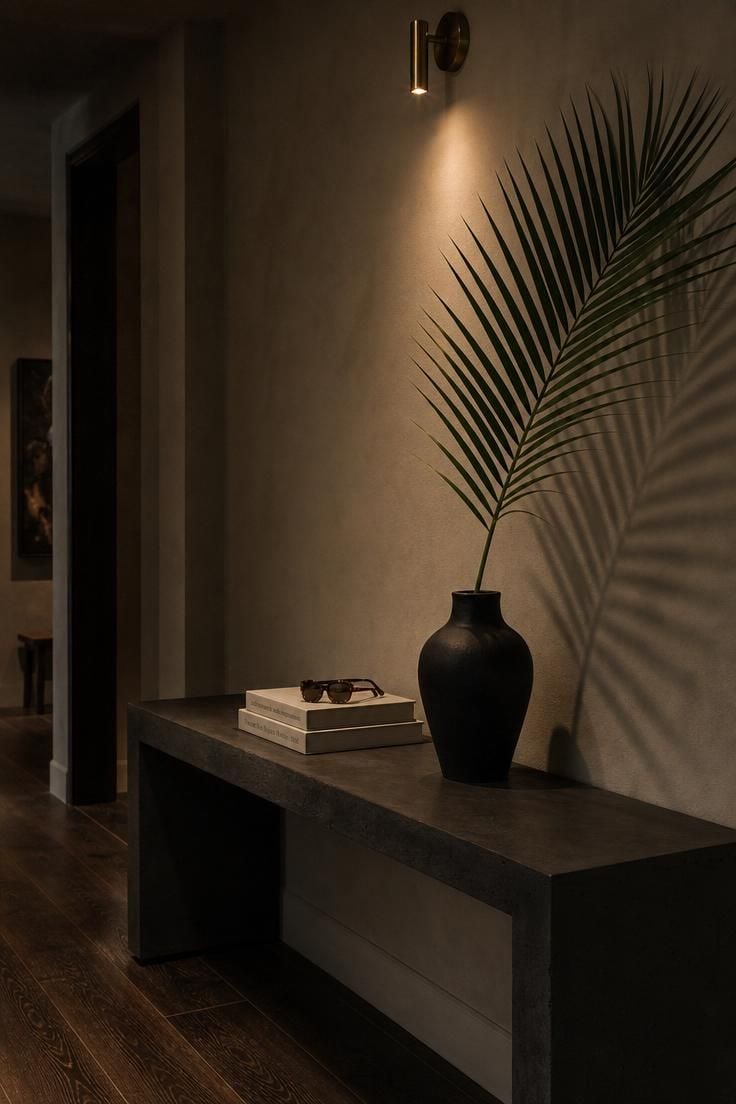 Charcoal concrete console with a single oversized palm frond in a matte black ceramic vase lit by a brass pin light in moody low evening light