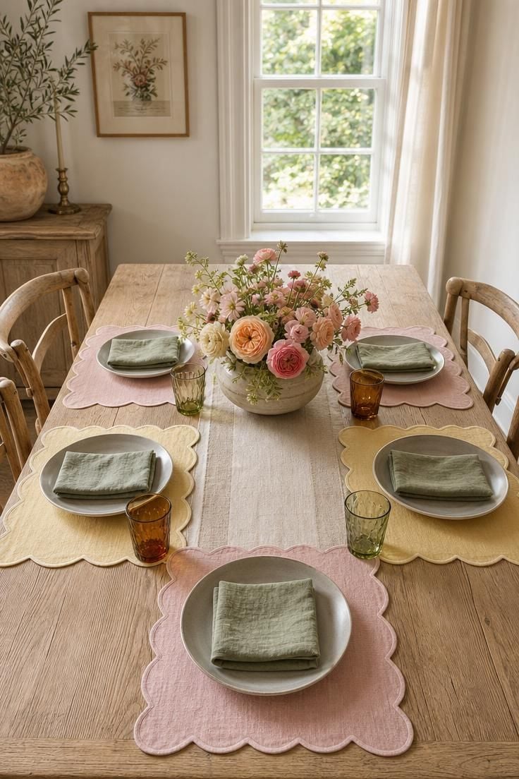 Scalloped edge cotton placemats in pale yellow and blush on a stripped oak farmhouse table set with stoneware plates and colored glass in soft diffused light